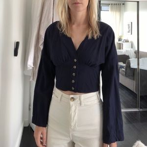 NWOT Free People Button Crop Blouse in Navy